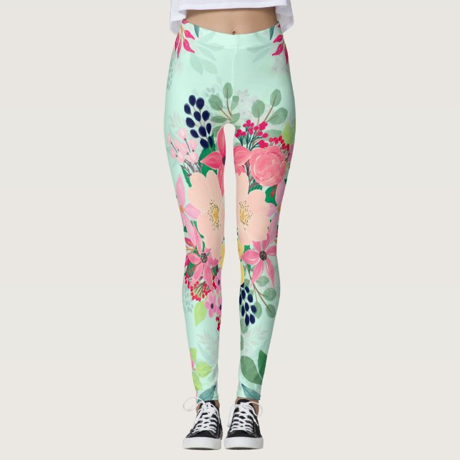 Elegant Blommigt, färgsfärg Mått för grått mönster Leggings (Framsida)