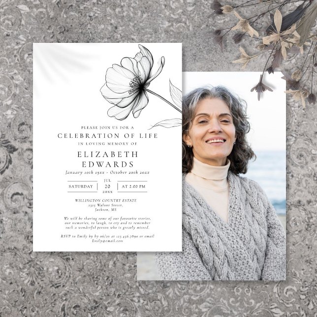 Elegant Blommigt Firande i livets begravningsfoto Inbjudningar (Elegant Floral Celebration Of Life Funeral Photo Invitation)