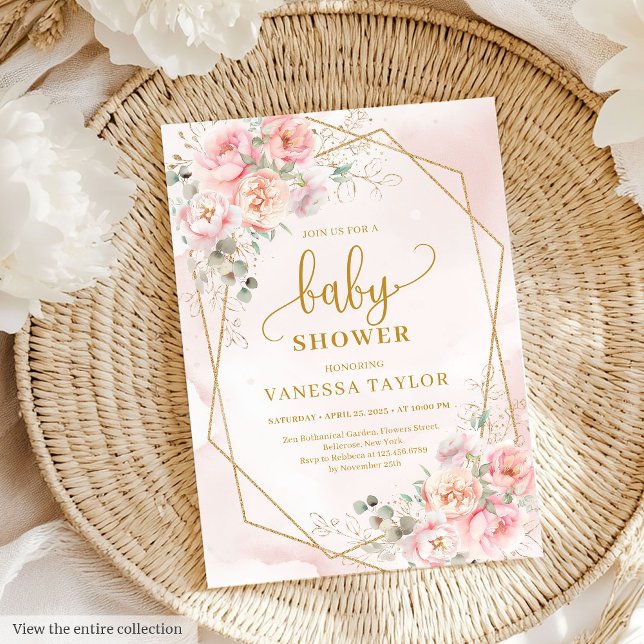 Elegant  blommigt Flickdusch för barn i rosan inbj Inbjudningar (Elegant blush pink floral girl baby shower invitation)