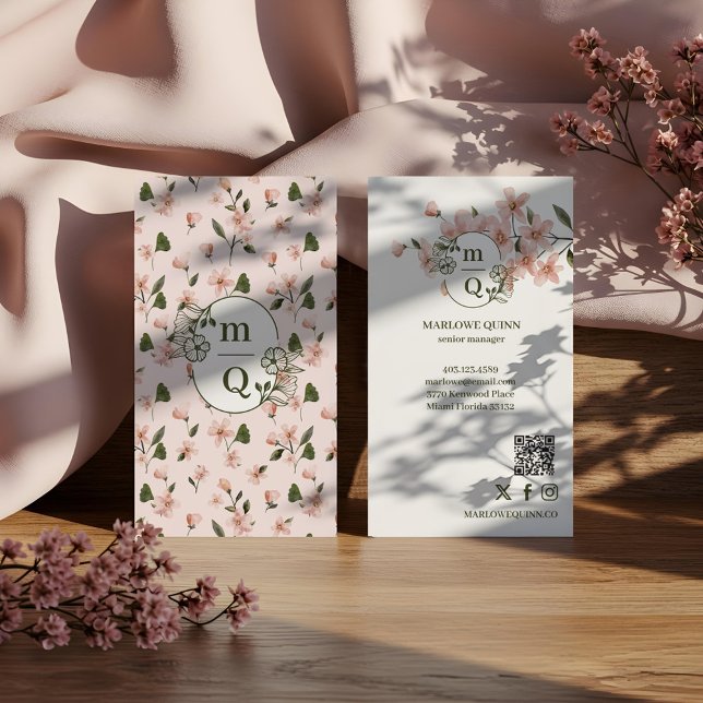 Elegant Blommigt för botaniska monogram Logotyp  v Visitkort (Elegant Botanical Monogram Logo Floral Watercolor Business Card)