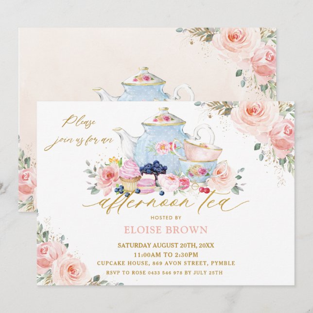 Elegant Blommigt för  Rosa Eftermiddag Tea Party Inbjudningar (Fram/baksida)