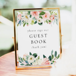 Elegant Blommigt för  Rosa Greenery Guest Bok Sign Poster