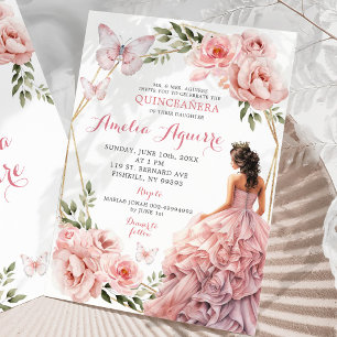 Elegant Blommigt för Rosa Mexikansk quinceañera Inbjudningar