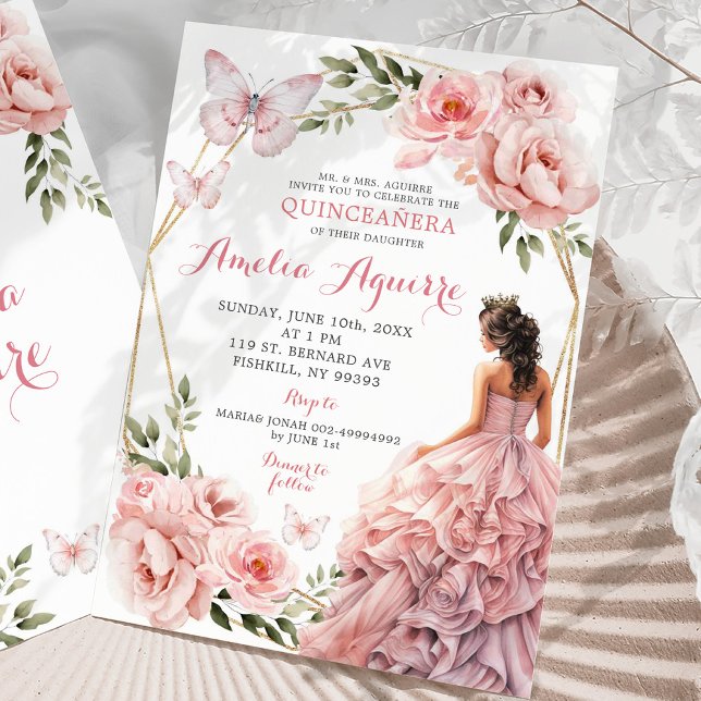 Elegant Blommigt för  Rosa Mexikansk quinceañera Inbjudningar (Skapare uppladdad)