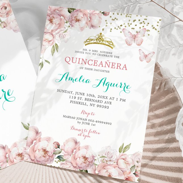 Elegant Blommigt för  Rosa Mexikansk quinceañera Inbjudningar (Skapare uppladdad)