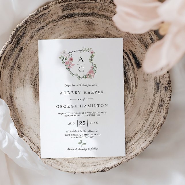 Elegant Blommigt för  Rosa Monogram Vapensköld Brö Inbjudningar (Skapare uppladdad)