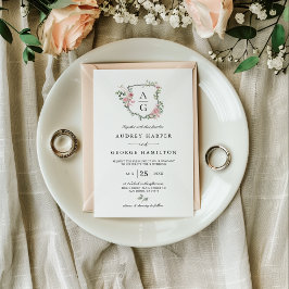 Elegant Blommigt för  Rosa Monogram Vapensköld Brö Inbjudningar