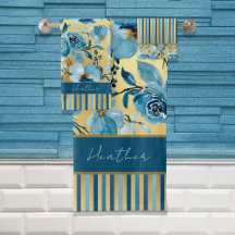 Elegant Blommigt för vattenfärg, blå och Guld, str