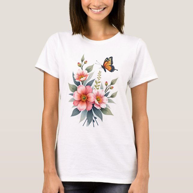 Elegant Blommigt för vattenfärg Butterflies T Shirt (Framsida)