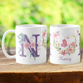 Elegant Blommigt för vattenfärg Butterfly Monogram Kaffemugg