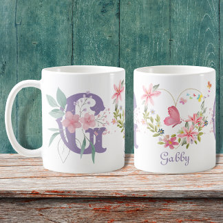 Elegant Blommigt för vattenfärg Butterfly Monogram Kaffemugg