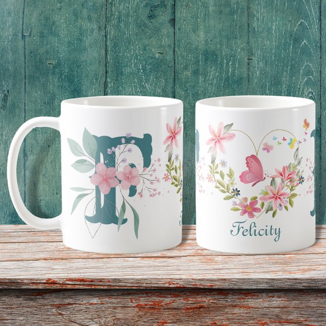 Elegant Blommigt för vattenfärg Butterfly Monogram Kaffemugg (Skapare uppladdad)