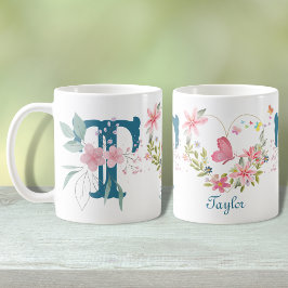 Elegant Blommigt för vattenfärg Butterfly Monogram Kaffemugg