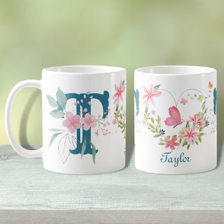 Elegant Blommigt för vattenfärg Butterfly Monogram Kaffemugg