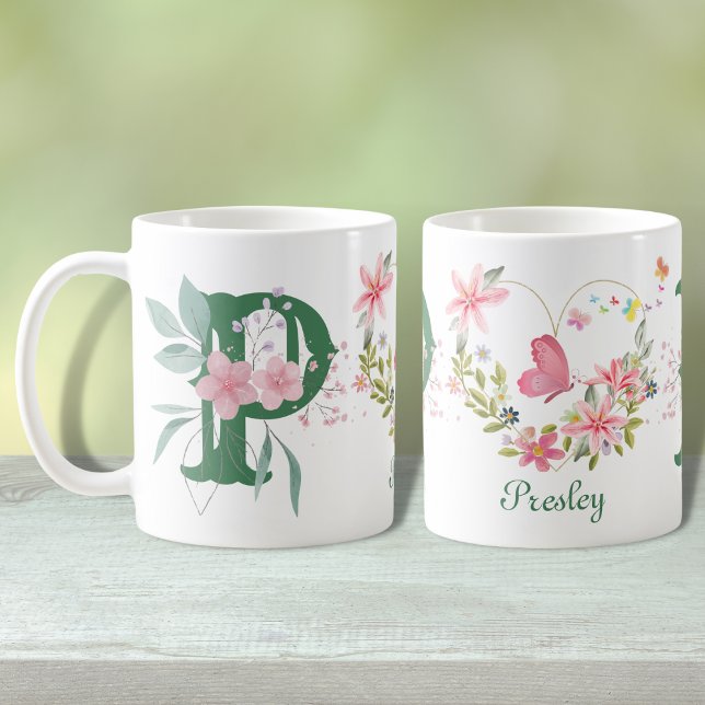 Elegant Blommigt för vattenfärg Butterfly Monogram Kaffemugg (Skapare uppladdad)