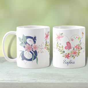 Elegant Blommigt för vattenfärg Butterfly Monogram Kaffemugg
