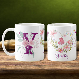 Elegant Blommigt för vattenfärg Butterfly Monogram Kaffemugg