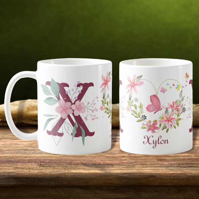 Elegant Blommigt för vattenfärg Butterfly Monogram Kaffemugg (Skapare uppladdad)