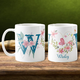 Elegant Blommigt för vattenfärg Butterfly Monogram Kaffemugg