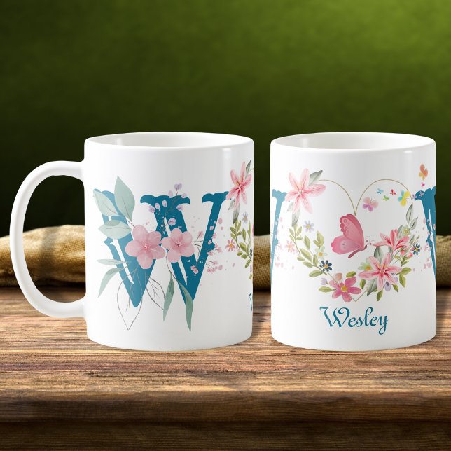 Elegant Blommigt för vattenfärg Butterfly Monogram Kaffemugg (Skapare uppladdad)