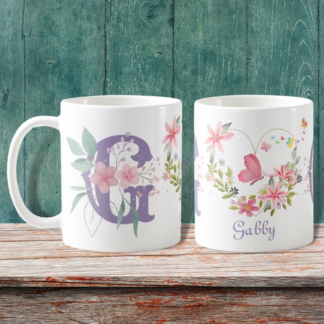 Elegant Blommigt för vattenfärg Butterfly Monogram Kaffemugg (Skapare uppladdad)