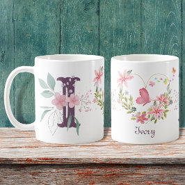Elegant Blommigt för vattenfärg Butterfly Monogram Kaffemugg