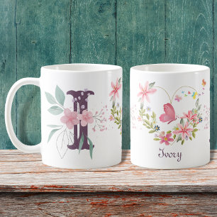 Elegant Blommigt för vattenfärg Butterfly Monogram Kaffemugg
