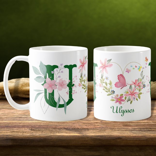 Elegant Blommigt för vattenfärg Butterfly Monogram Kaffemugg (Skapare uppladdad)