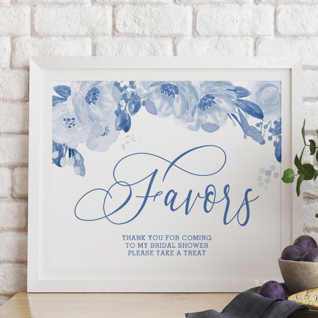 Elegant Blommigt för vattenfärg Dusty Blue Favorit Poster (Favors Table Sign from my Dusty Blue Watercolor Floral Bridal Shower)