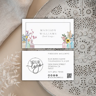 Elegant Blommigt för vattenfärg Florist Logotyp QR Visitkort