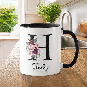 Elegant Blommigt för vattenfärg Inledande Namn Mon Mugg
