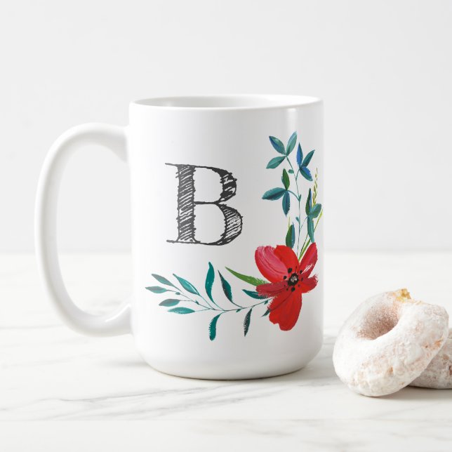 Elegant Blommigt för vattenfärg Monogram Kaffemugg (Med munk)