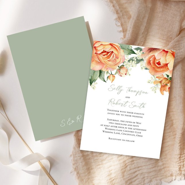 Elegant Blommigt för vattenfärg Peach Bröllop Inbjudningar (Peach floral elegant invitation)
