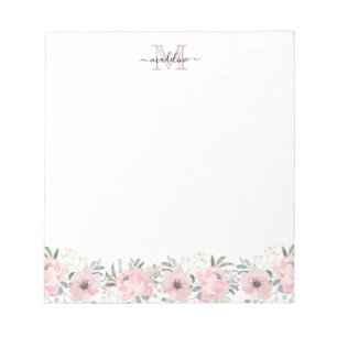 Elegant Blommigt för vattenfärg  Rosa Monogram Anteckningsblock