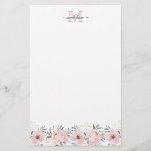 Elegant Blommigt för vattenfärg  Rosa Monogram Brevpapper