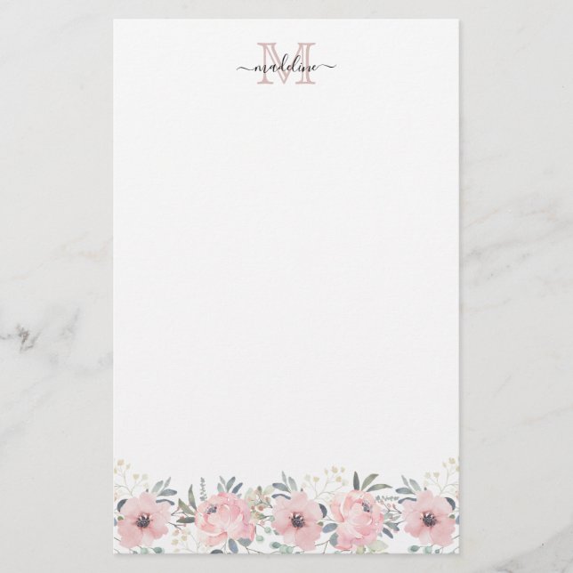 Elegant Blommigt för vattenfärg  Rosa Monogram Brevpapper (Framsida)