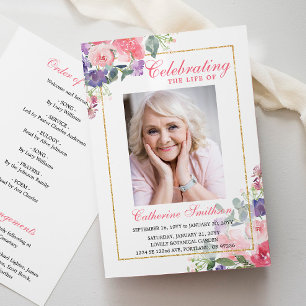 Elegant Blommigt Foto Memorial Funeral Program