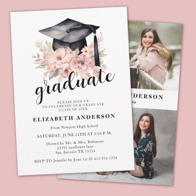 Elegant Blommigt Foto Studentfest Meddelande om  (An elegant girls floral graduation party invitation. Personalize with your name and photos.)