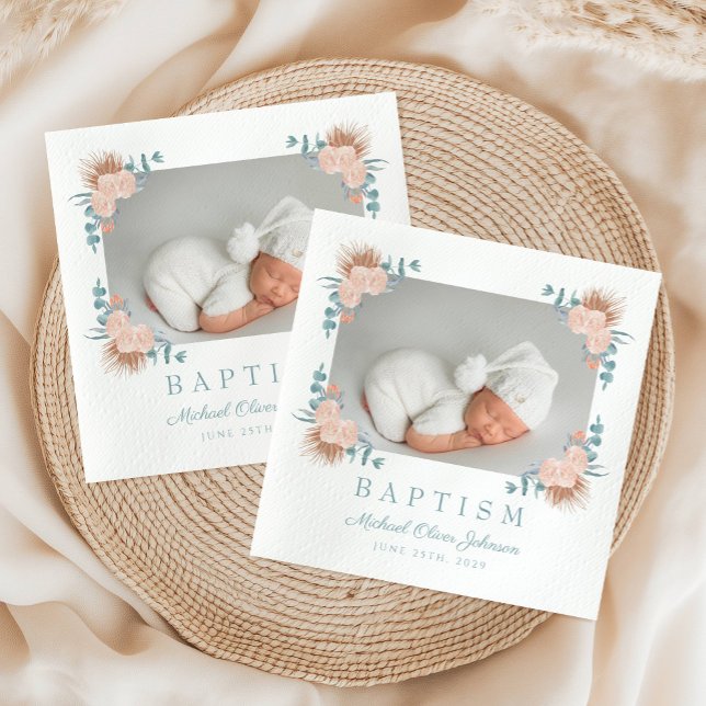 Elegant Blommigt Fotobaptism Pappersservett (Elegant Floral Photo Baptism Napkins)