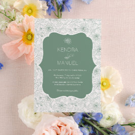 Elegant Blommigt Fransk Toile Sage Grönt Bröllop Inbjudningar