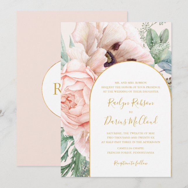 Elegant Blommigt Garden Pastel Traditional Bröllop Inbjudningar (Fram/baksida)