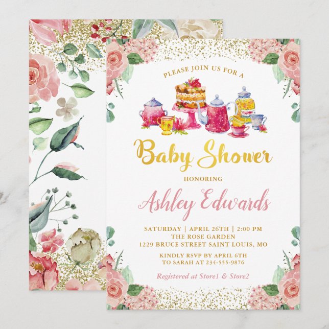 Elegant Blommigt Garden Tea Party Baby Shower Inbjudningar (Fram/baksida)