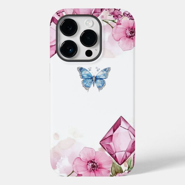 Elegant Blommigt Gem Butterfly iPhone 14 Pro Fodra (Baksida)