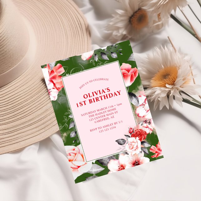 Elegant Blommigt Girls 1:a födelsedag Inbjudningar (Skapare uppladdad)