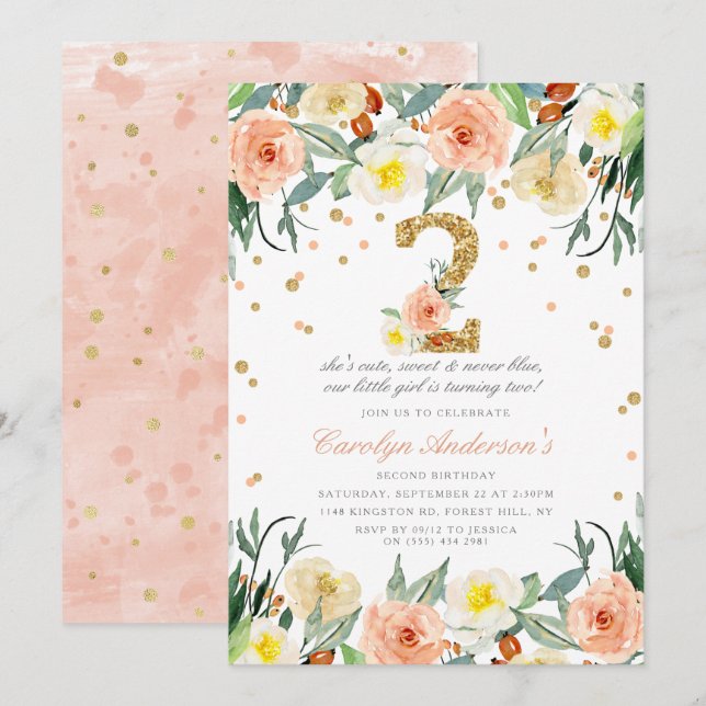 Elegant Blommigt Girls 2:a födelsedagsinbjudan Inbjudningar (Fram/baksida)