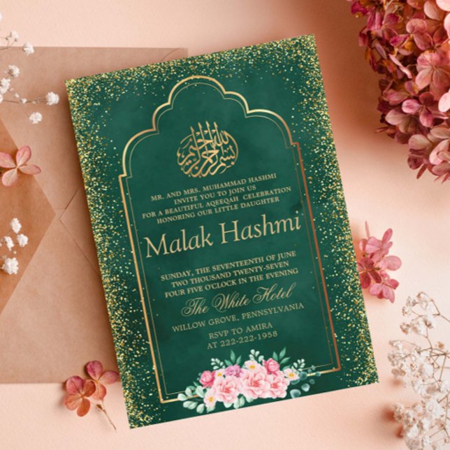 Elegant Blommigt Gliter Grönt Islamic Aqiqa Aqeeqa Inbjudningar (Skapare uppladdad)