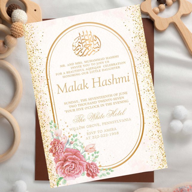 Elegant Blommigt Gliter Islamic Aqiqa Aqeqa Baby Inbjudningar (Skapare uppladdad)