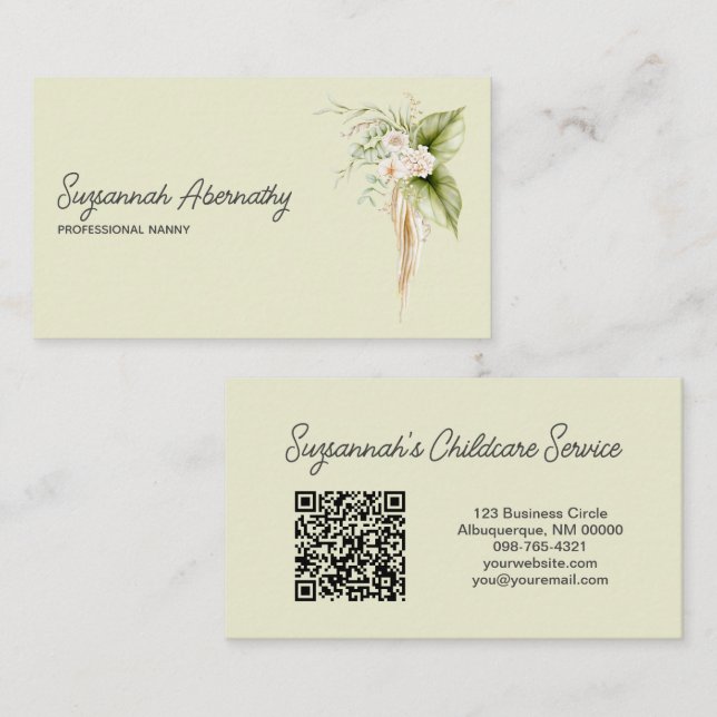 Elegant Blommigt Gräns Höger Front QR-kod Bakåt Visitkort (Fram/baksida)