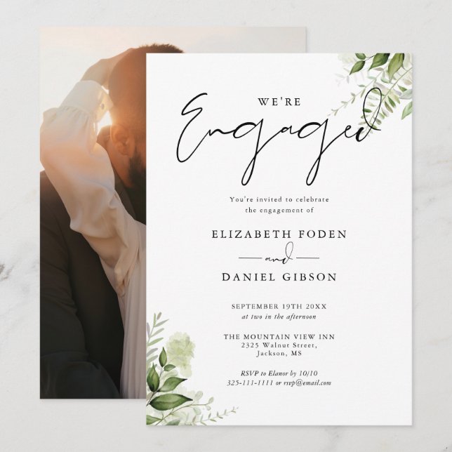 Elegant Blommigt Greenery Photo Förlovningsfest Inbjudningar (Fram/baksida)