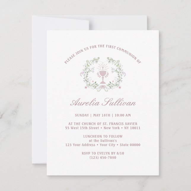 Elegant Blommigt Greenery WAN First Communion Inbjudningar (Framsida)